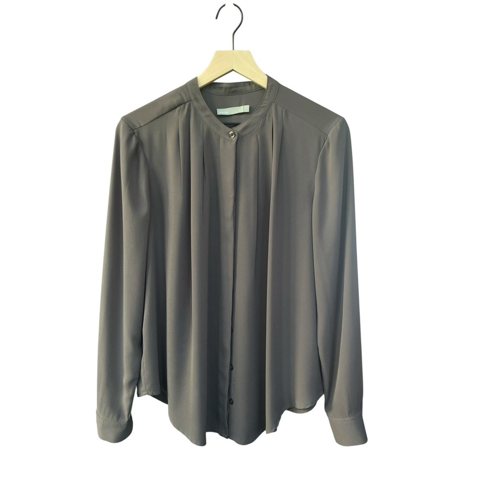 Vince Women's Taupe Silk Blouse Pleated Band Collar Classic Minimalist Size L